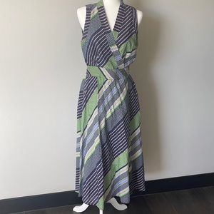 Tory Burch Navy, Green & White Striped Wrap Midi Dress